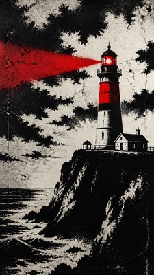 a lone lighthouse on a cliff at dusk under a dramatic sky, no text or lettering