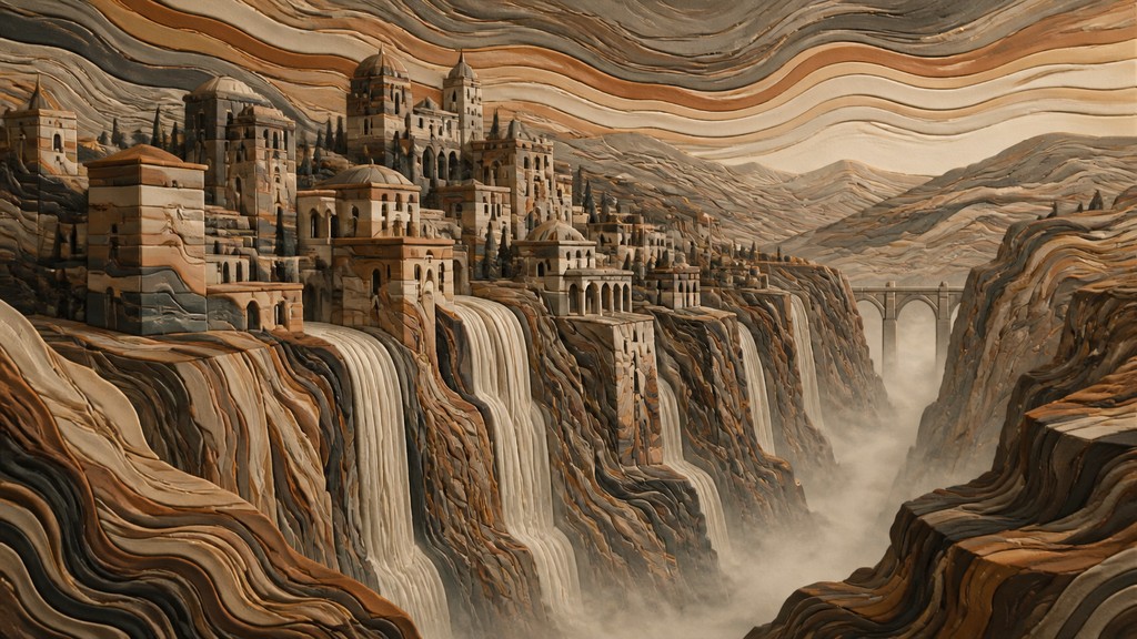 a cliffside city with waterfalls cascading into a misty canyon, wide establishing shot, no people, no text