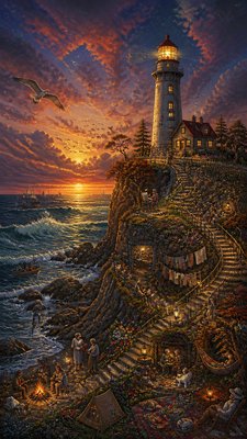 a lone lighthouse on a cliff at dusk under a dramatic sky, no text or lettering
