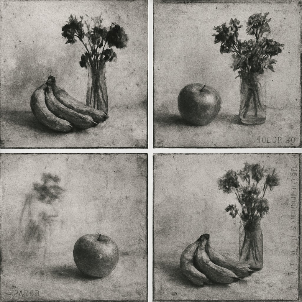 still life arrangement of fruits and flowers