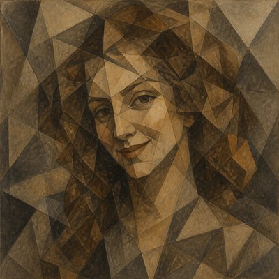 head-and-shoulders portrait of an original character: a young woman with wavy chestnut hair and a warm smile, plain soft backdrop