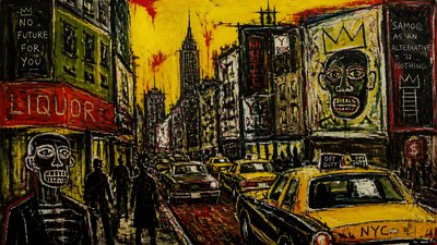bustling city street panorama at dusk