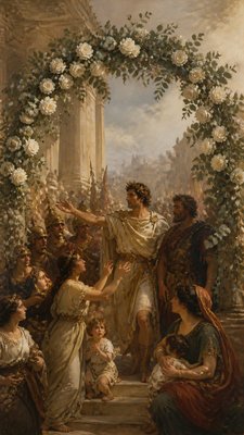 an arch of white roses and eucalyptus in soft morning light, elegant vertical composition with open space, no text