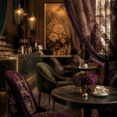 cozy cafe interior with warm lighting