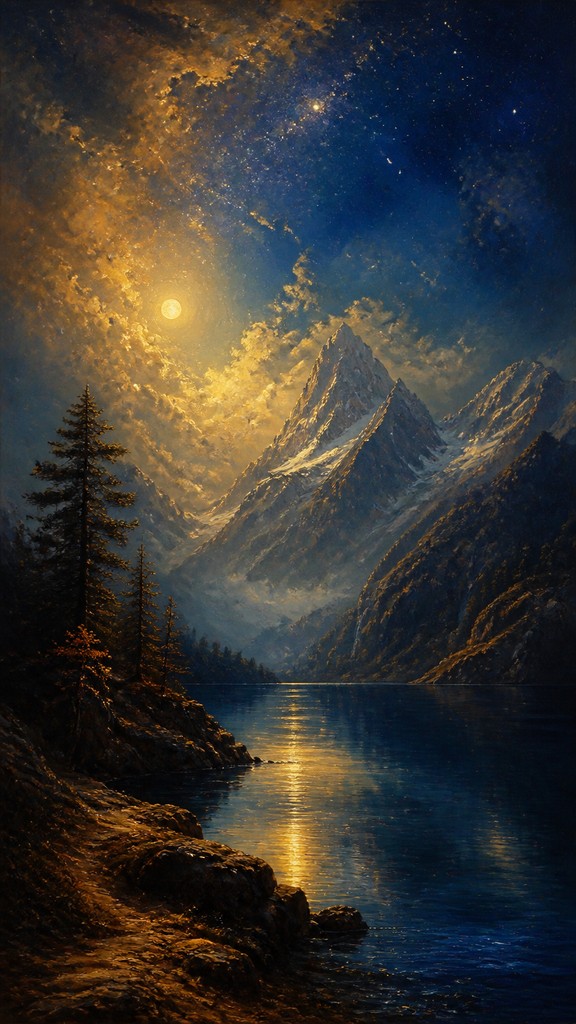 a tranquil mountain lake beneath a starry night sky, no people, no text