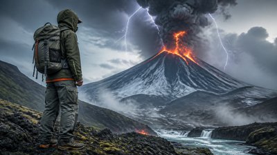 an erupting volcano with lightning strikes, dramatic wide composition, no text
