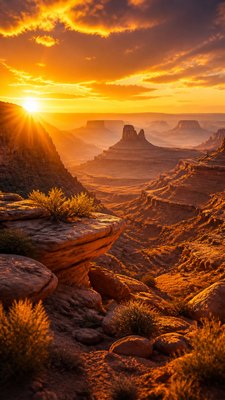 a desert canyon under a dramatic sunset sky, no people