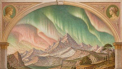 a flowing aurora over snowy peaks, wide sweeping composition, no people, no text