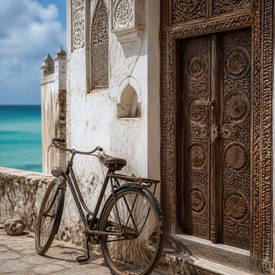 bicyle resting against a wall