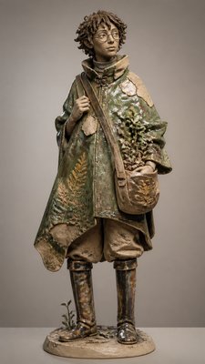 full-body original character: a wandering botanist with a satchel of plants, a patched green cloak, tall boots and round glasses, neutral background