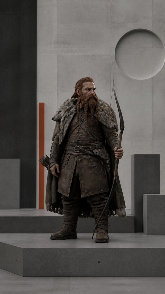 full-body original character: a dwarven ranger with a braided auburn beard, worn leather armor, a longbow and a wolf-pelt cloak, neutral background, no text