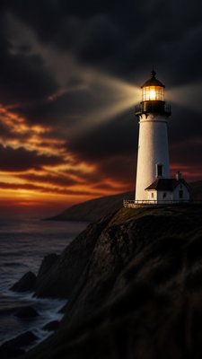 a lone lighthouse on a cliff at dusk under a dramatic sky, no text or lettering