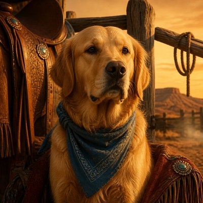 portrait of a golden retriever wearing a blue bandana, warm plain backdrop, no text