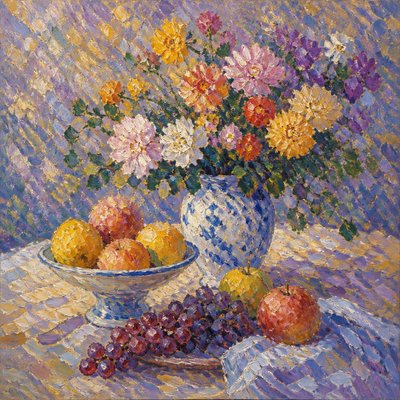 still life arrangement of fruits and flowers