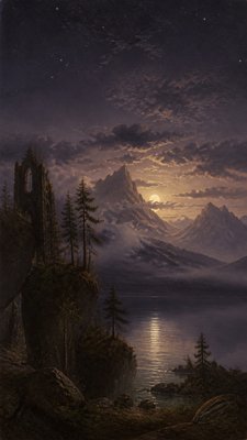 a tranquil mountain lake beneath a starry night sky, no people, no text