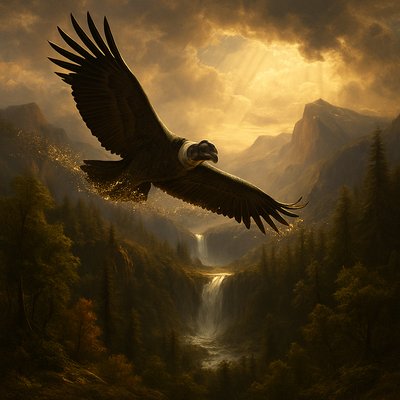 Hyper-realistic Andean condor flying in the sky over a forest, leaving a shimmering trail of glittering sparkles where it goes, extreme detail, photorealistic, cinematic lighting