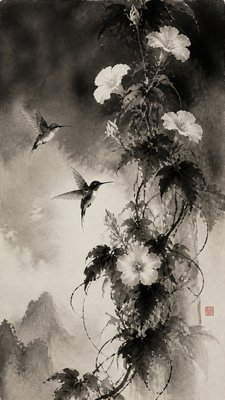 a climbing vine of flowers and hummingbirds on a dark background, tall wrapping composition, no text