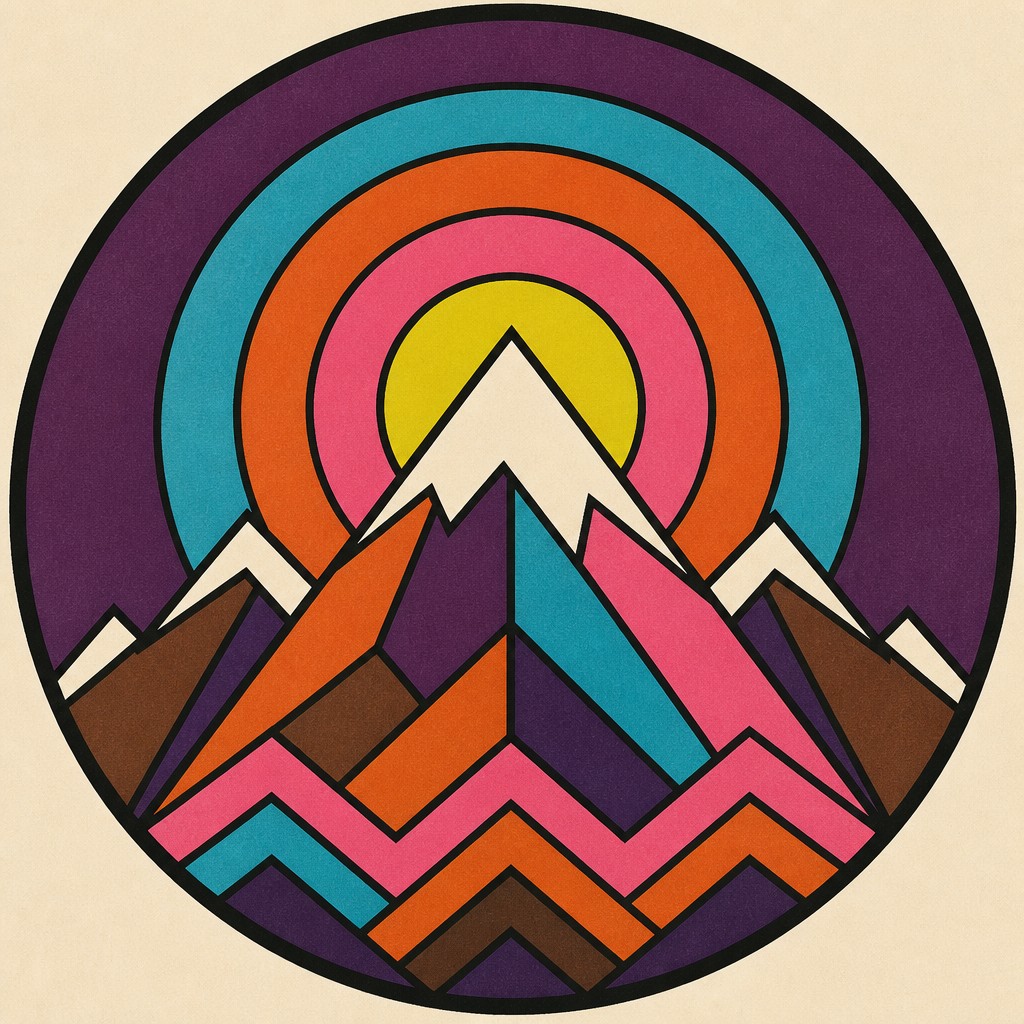 an emblem of a mountain peak inside a circle, simple bold shapes on a plain background, no text or lettering