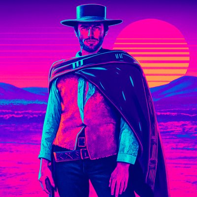 a man in a hat and cape standing in front of a sunset