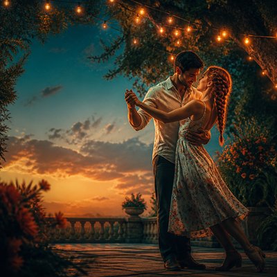 an original couple dancing under string lights in a garden at dusk: a man with short black hair in a linen shirt and a woman with braided red hair in a summer dress