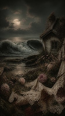 an ocean wave curling under moonlight, no people