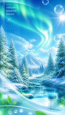 a snowy pine forest under the northern lights, no people
