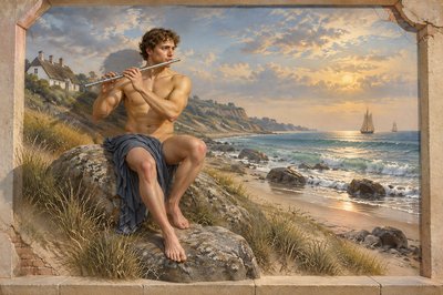 a painting of a man sitting on a rock playing a flute