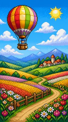 a hot air balloon drifting over rolling flower fields on a sunny day, cheerful, no text
