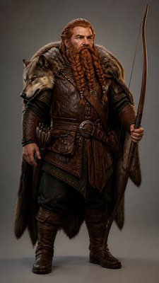 full-body original character: a dwarven ranger with a braided auburn beard, worn leather armor, a longbow and a wolf-pelt cloak, neutral background, no text