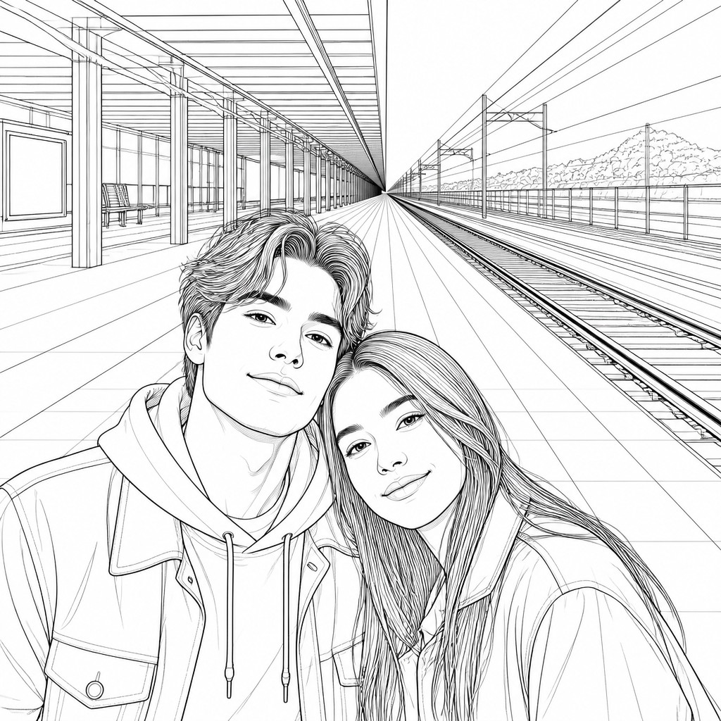 portrait of two people together — Linear Perspective Art Style