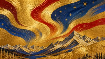a flowing aurora over snowy peaks, wide sweeping composition, no people, no text