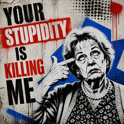 Text: YOUR STUPIDITY IS KILLING ME

Image: A 60 year old woman making a hand gesture of shooting herself in the head while rolling her eyes. 
