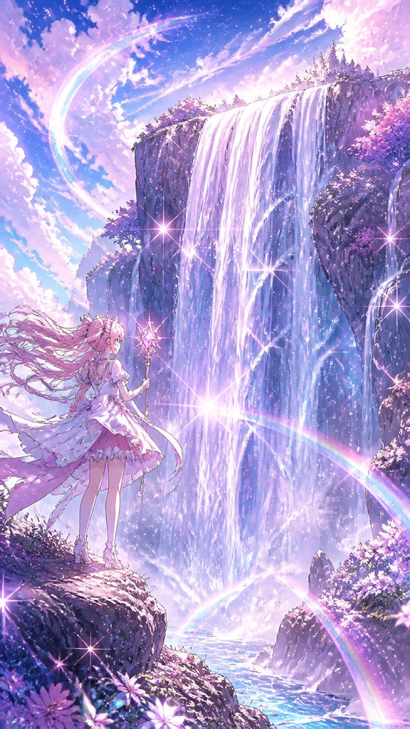 towering waterfall cascading down a cliff