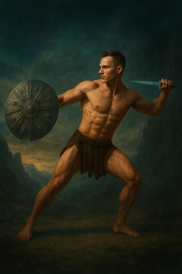 a painting of a man with a sword and shield