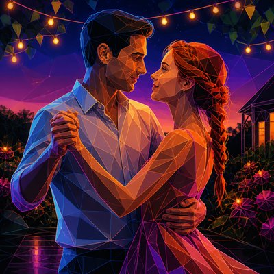 an original couple dancing under string lights in a garden at dusk: a man with short black hair in a linen shirt and a woman with braided red hair in a summer dress