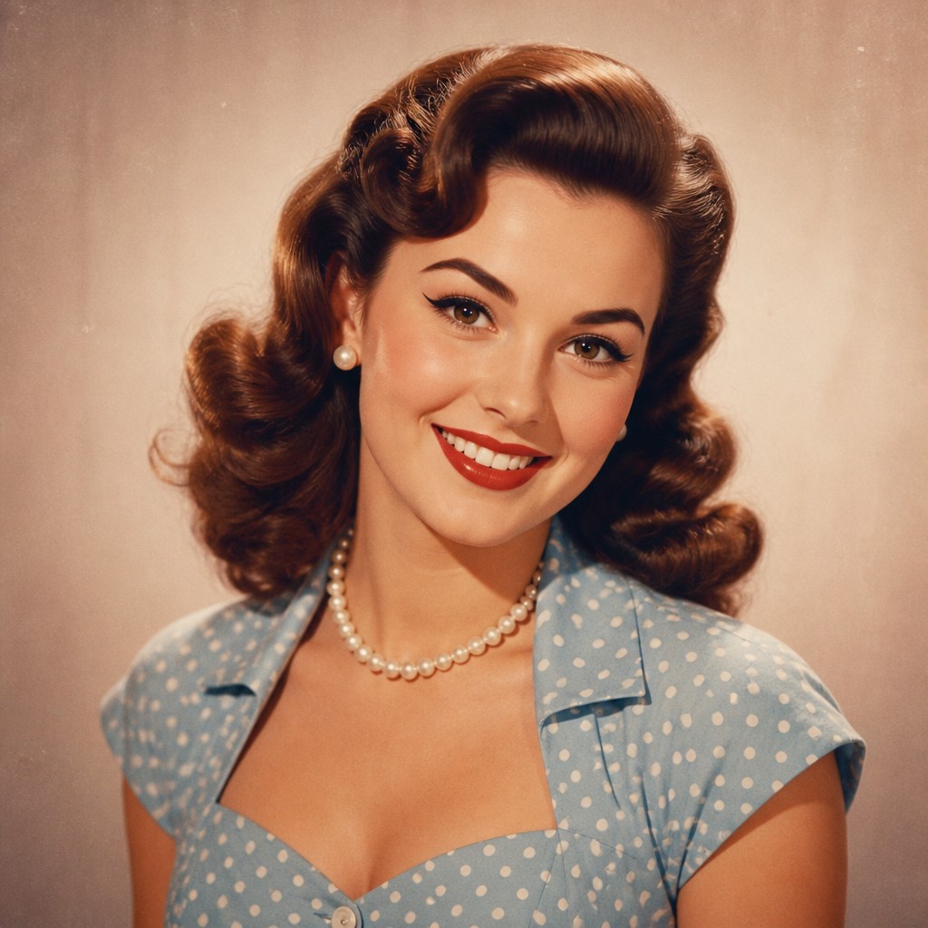 head-and-shoulders portrait of an original character: a young woman with wavy chestnut hair and a warm smile, plain soft backdrop