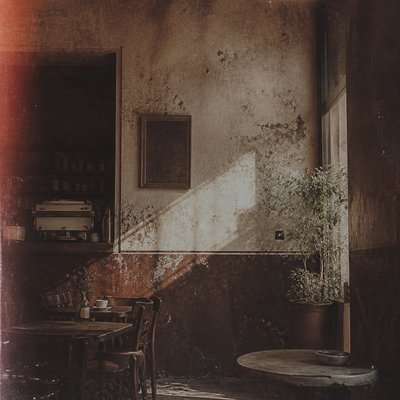 cozy cafe interior with warm lighting