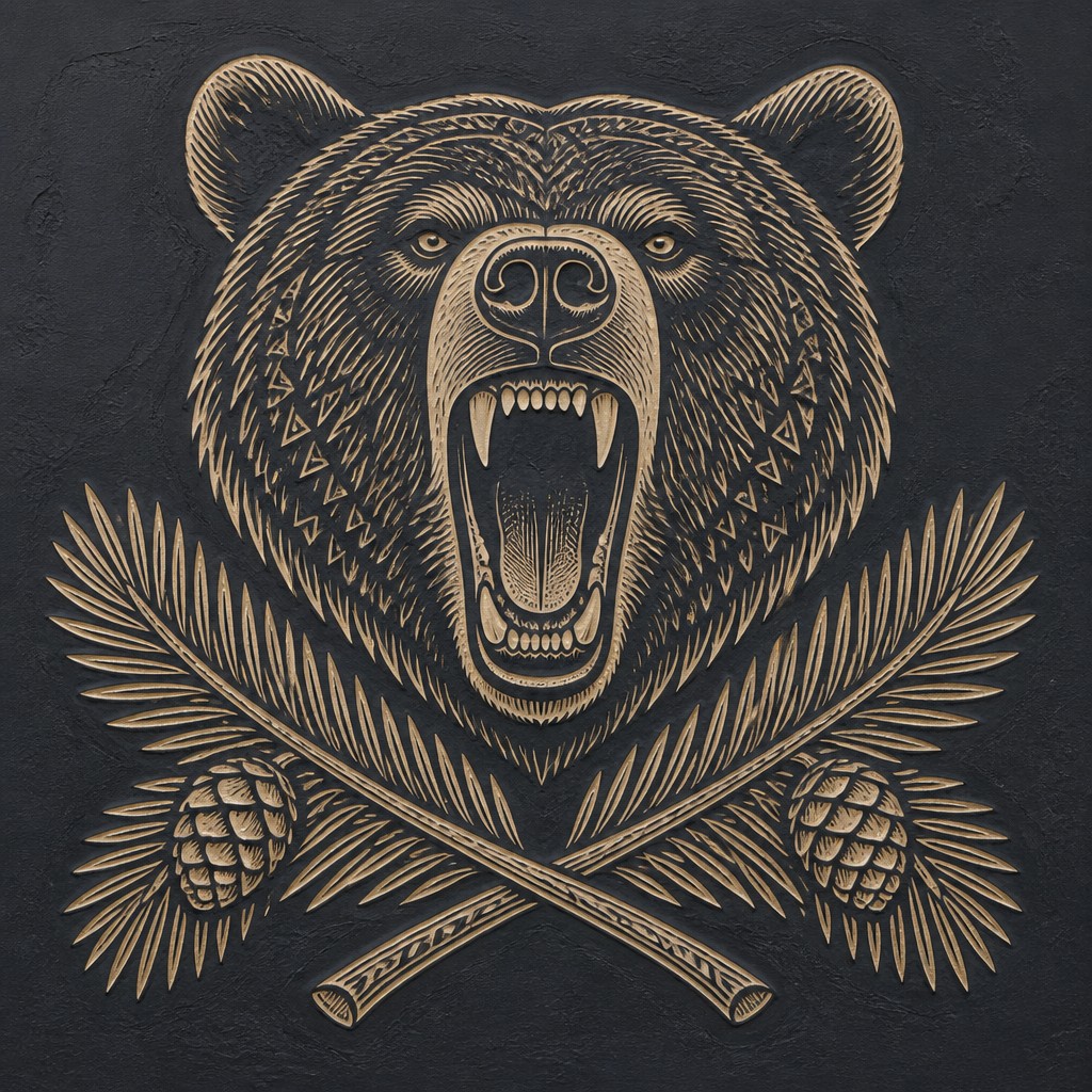 a roaring bear head above crossed pine branches, bold graphic composition on a plain background, no text