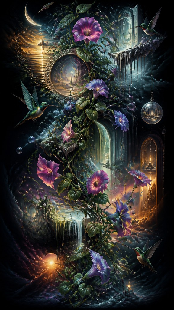 a climbing vine of flowers and hummingbirds on a dark background, tall wrapping composition, no text