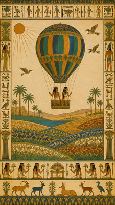a hot air balloon drifting over rolling flower fields on a sunny day, cheerful, no text