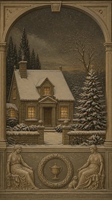 a snow-covered cottage with warm glowing windows beside a decorated pine tree, gentle snowfall, no text