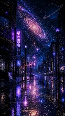 a quiet rainy city street at night reflecting neon signs, no people