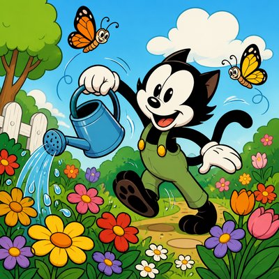 a garden scene with butterflies, flowers and a watering can, clean uncolored line art, no text