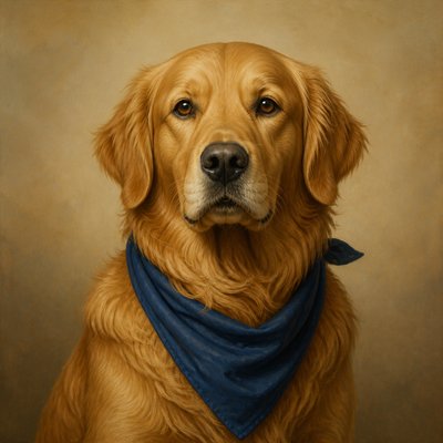 portrait of a golden retriever wearing a blue bandana, warm plain backdrop, no text