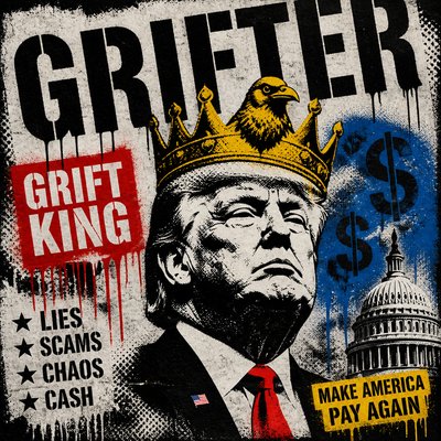 Image of Trump wearing a gold crow as, presented as Grift King.

Make the word "GRIFTER" promanet. 