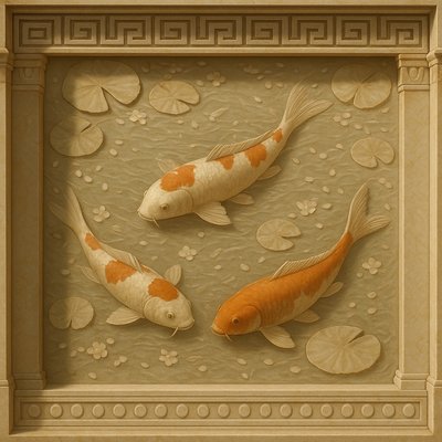 A koi pond seen from above, orange and white koi fish swimming among lily pads, clear water with subtle ripples, fallen cherry blossom petals floating on the surface, dappled sunlight