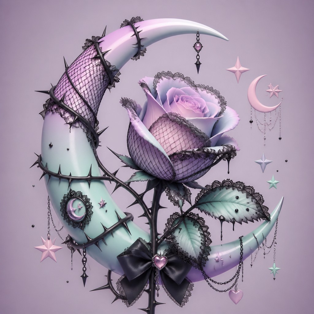 a rose entwined with a crescent moon, clean balanced composition on a plain background, no text
