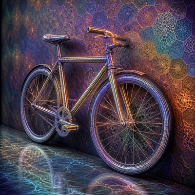 bicyle resting against a wall