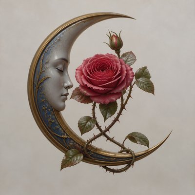 a rose entwined with a crescent moon, clean balanced composition on a plain background, no text