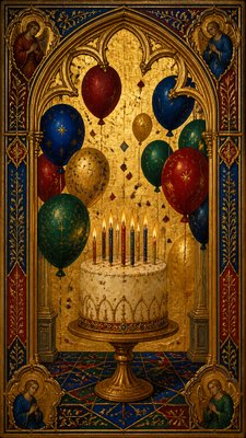 a birthday cake with lit candles surrounded by balloons and confetti, festive vertical composition, no text
